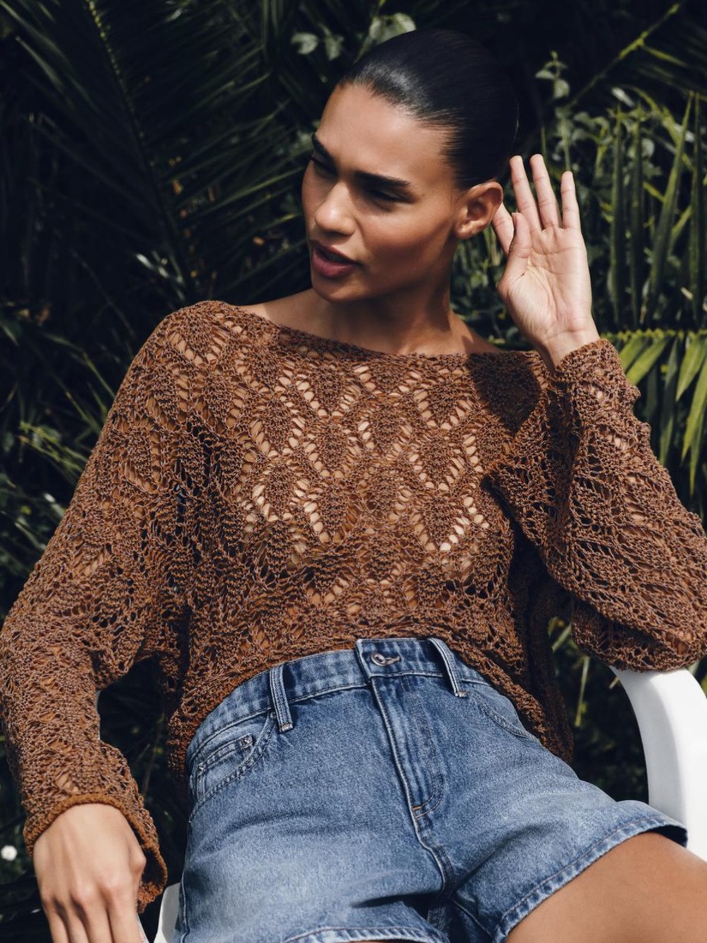 NWT Zara Open Knit Bell Sleeve Sweater Top Sz:M Dark Russet